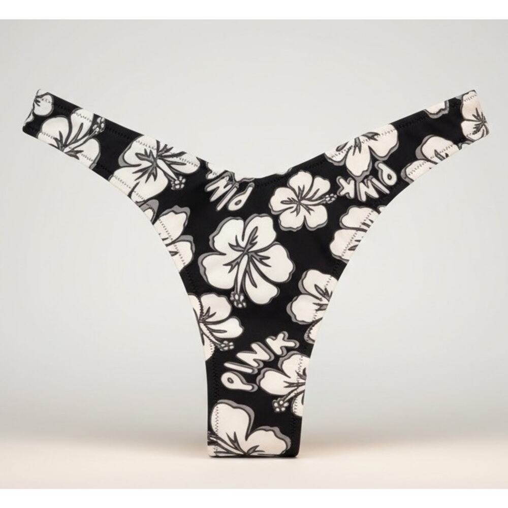 NWT Victoria Secret PINK V-Front Itsy Cheeky Bikini Bottom Black White Floral S